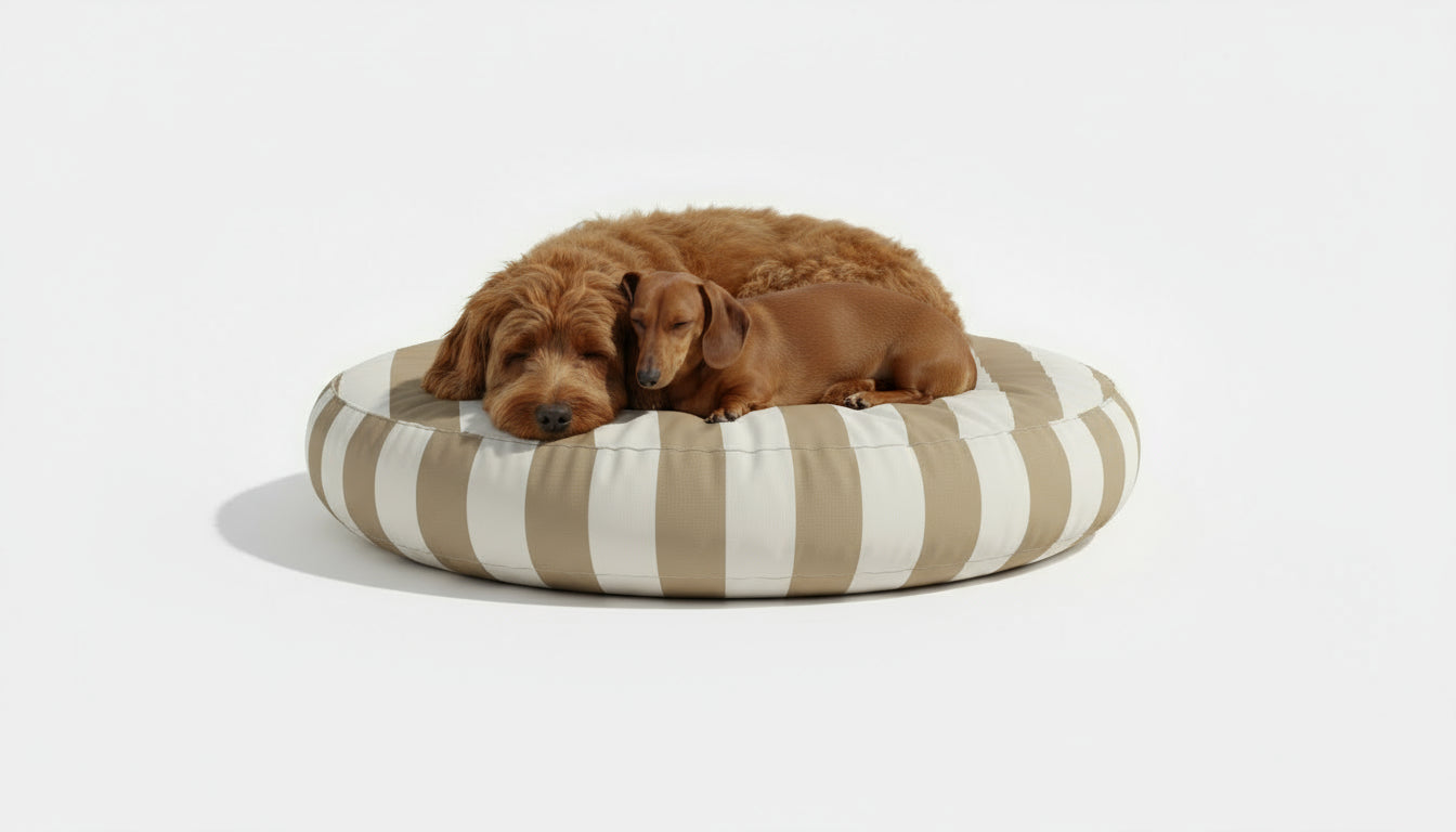 Pawesome Indoor/Outdoor Premium Round Dog Bed in Taupe Stripe