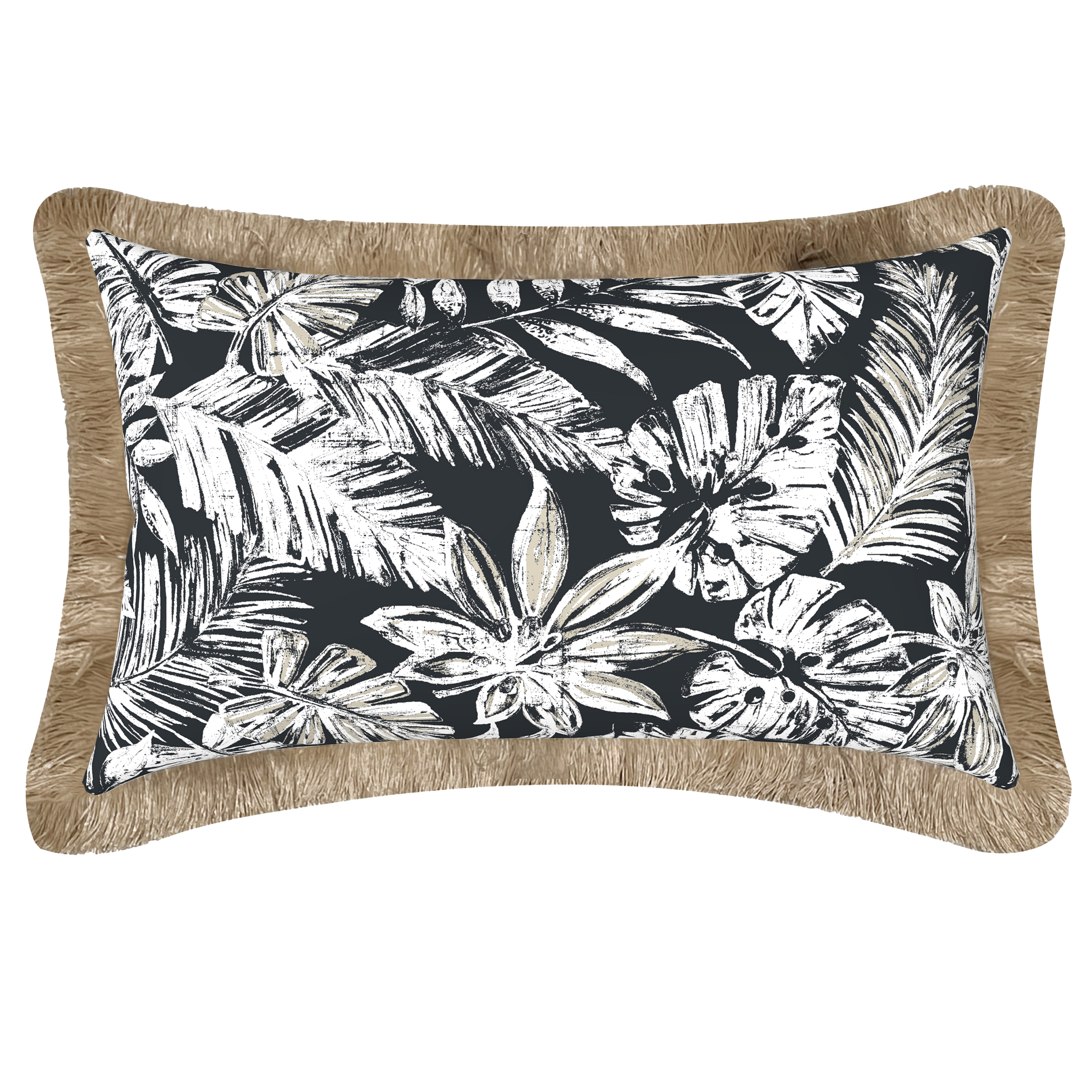 Tahiti Black Escape - 30x50cm Fringed Outdoor Cushion
