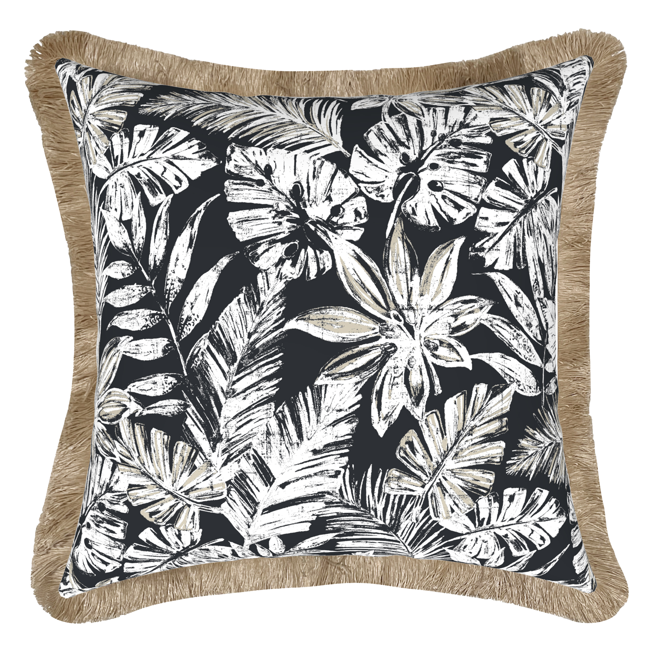 Tahiti Black Escape - 50x50cm Fringed Outdoor Cushion