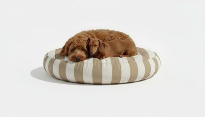 Pawesome Indoor/Outdoor Premium Round Dog Bed in Taupe Stripe