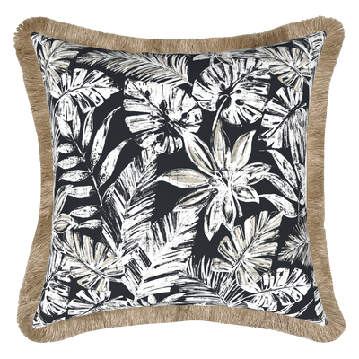 Tahiti Black Escape - 50x50cm Fringed Outdoor Cushion (ETA Mid June 26)