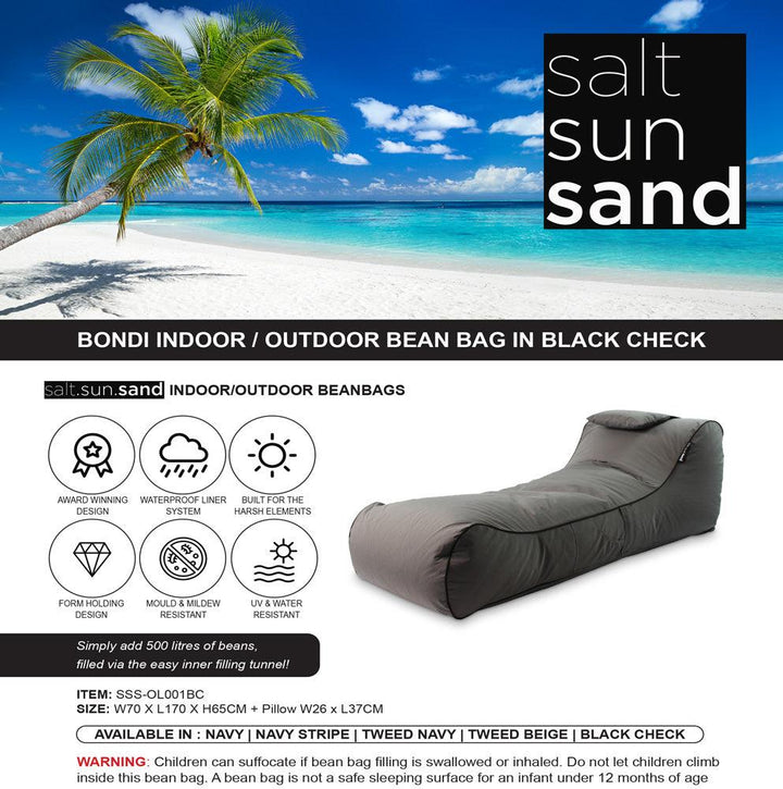 Bondi Indoor/Outdoor Bean Bag in Black Check - saltsunsand
