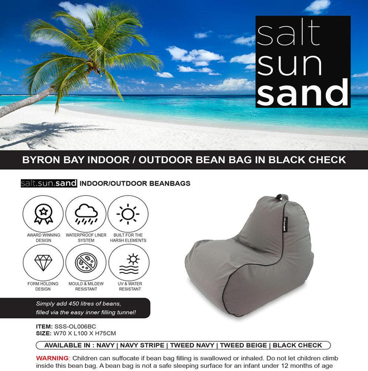 Byron Bay Indoor/Outdoor Bean Bag in Black Check - saltsunsand