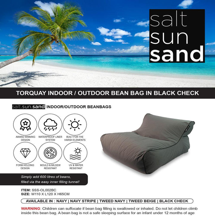 Torquay Indoor/Outdoor Bean Bag in Black Check - saltsunsand